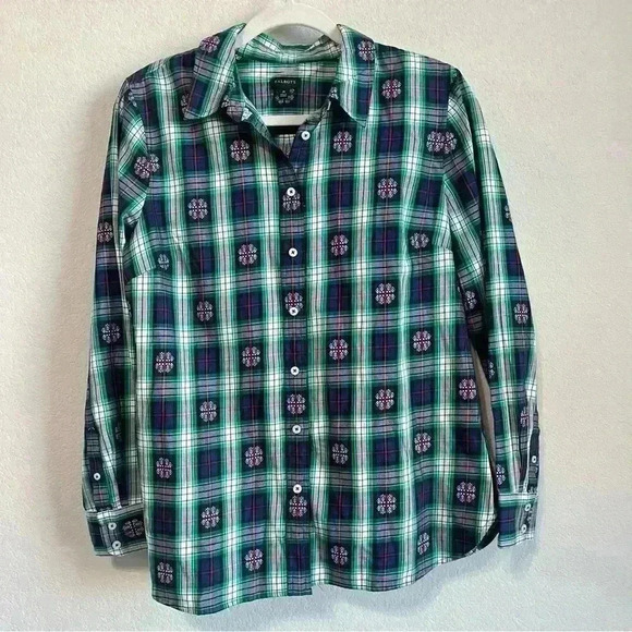 Talbots Navy Blue Green Red Plaid Snowflake Long Sleeve Button Up Dress Shirt XL - Picture 1 of 8